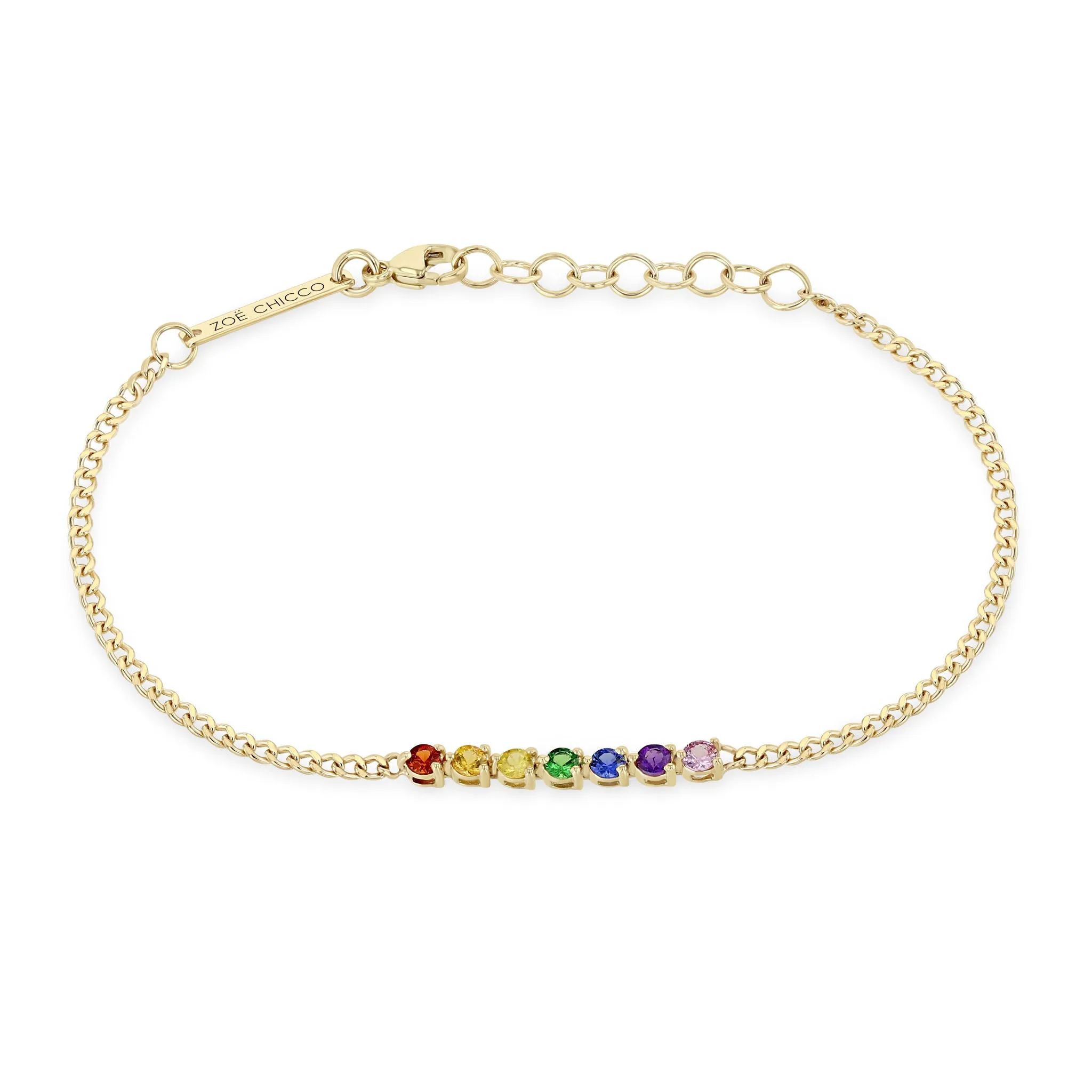 14k 7 Rainbow Sapphire Tennis Segment XS Curb Chain Bracelet
