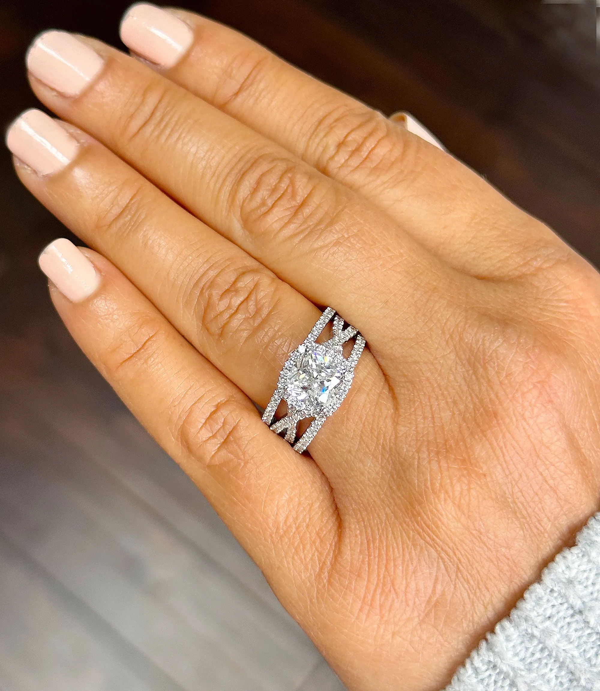 14k Solid White Gold Cushion Cut Moissanite and Natural Diamond Engagement Ring And Band Art Deco Halo Wedding Set 3.40ct
