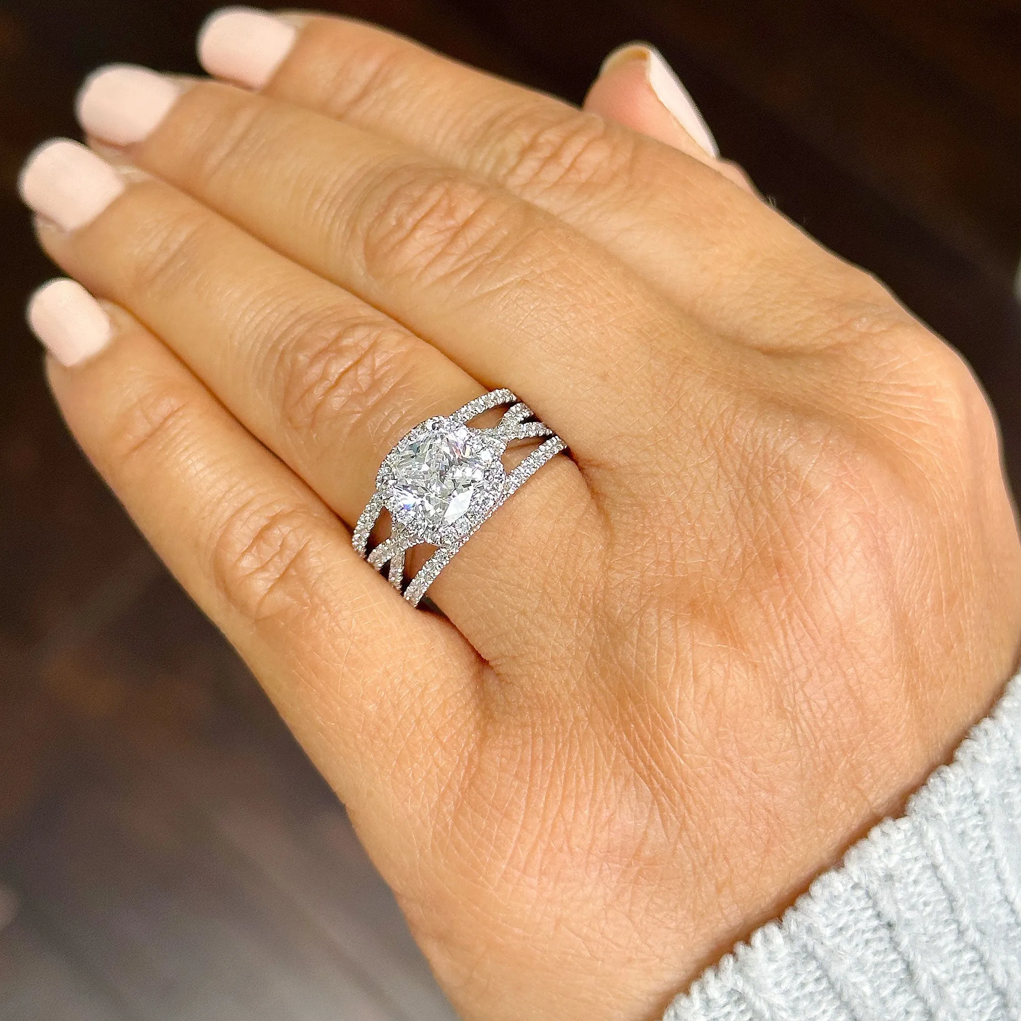 14k Solid White Gold Cushion Cut Moissanite and Natural Diamond Engagement Ring And Band Art Deco Halo Wedding Set 3.40ct