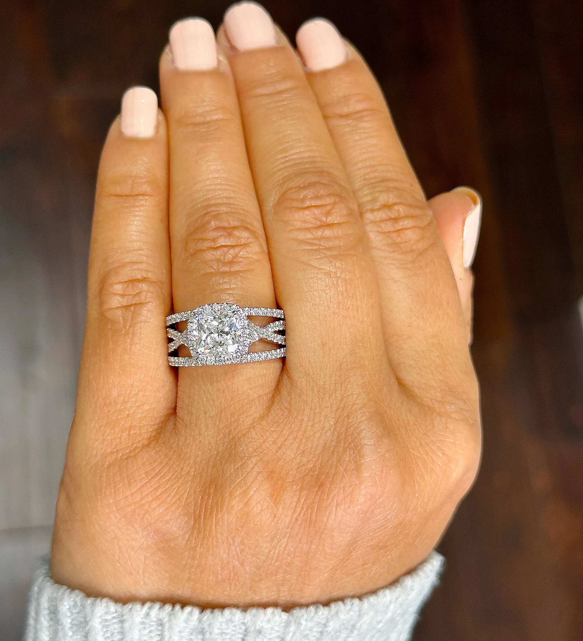 14k Solid White Gold Cushion Cut Moissanite and Natural Diamond Engagement Ring And Band Art Deco Halo Wedding Set 3.40ct