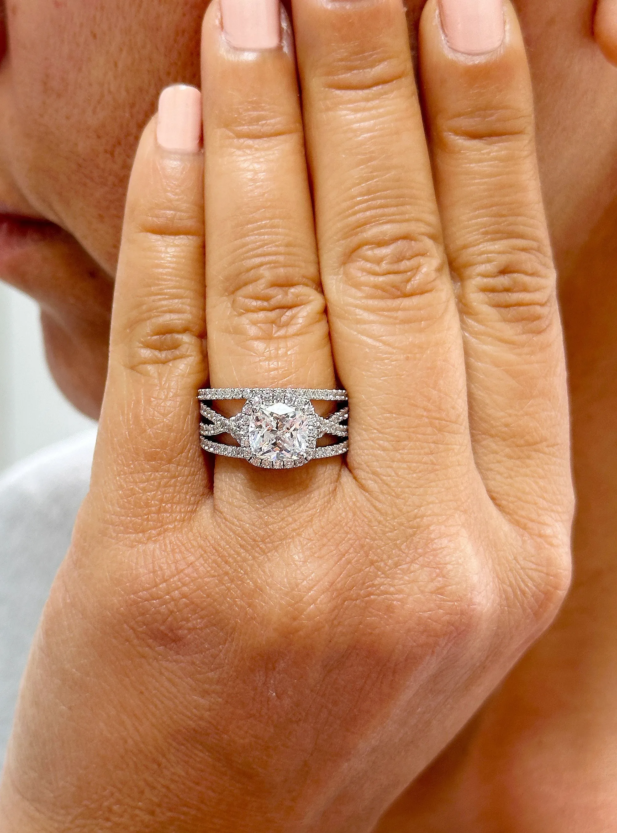 14k Solid White Gold Cushion Cut Moissanite and Natural Diamond Engagement Ring And Band Art Deco Halo Wedding Set 3.40ct