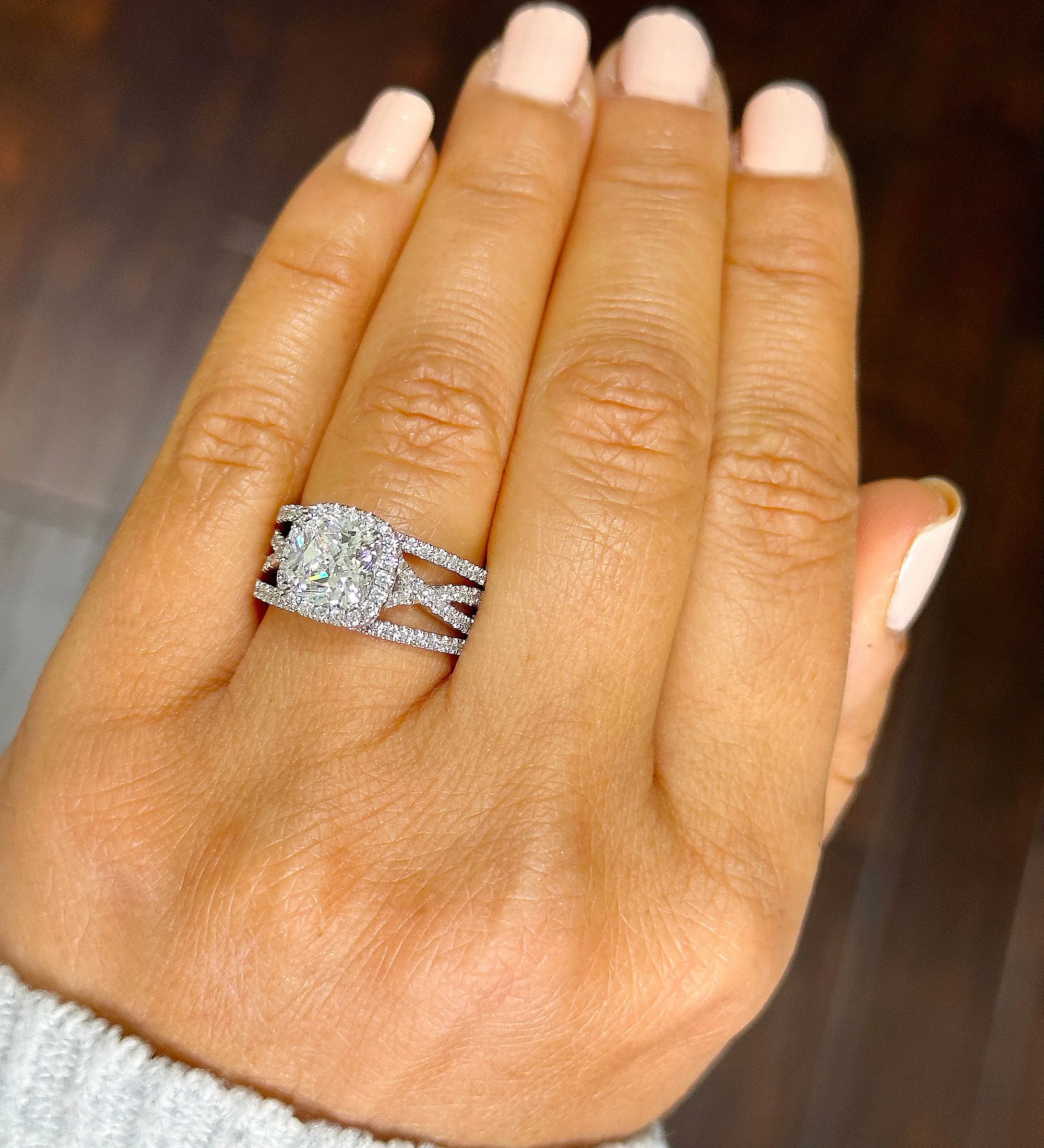 14k Solid White Gold Cushion Cut Moissanite and Natural Diamond Engagement Ring And Band Art Deco Halo Wedding Set 3.40ct