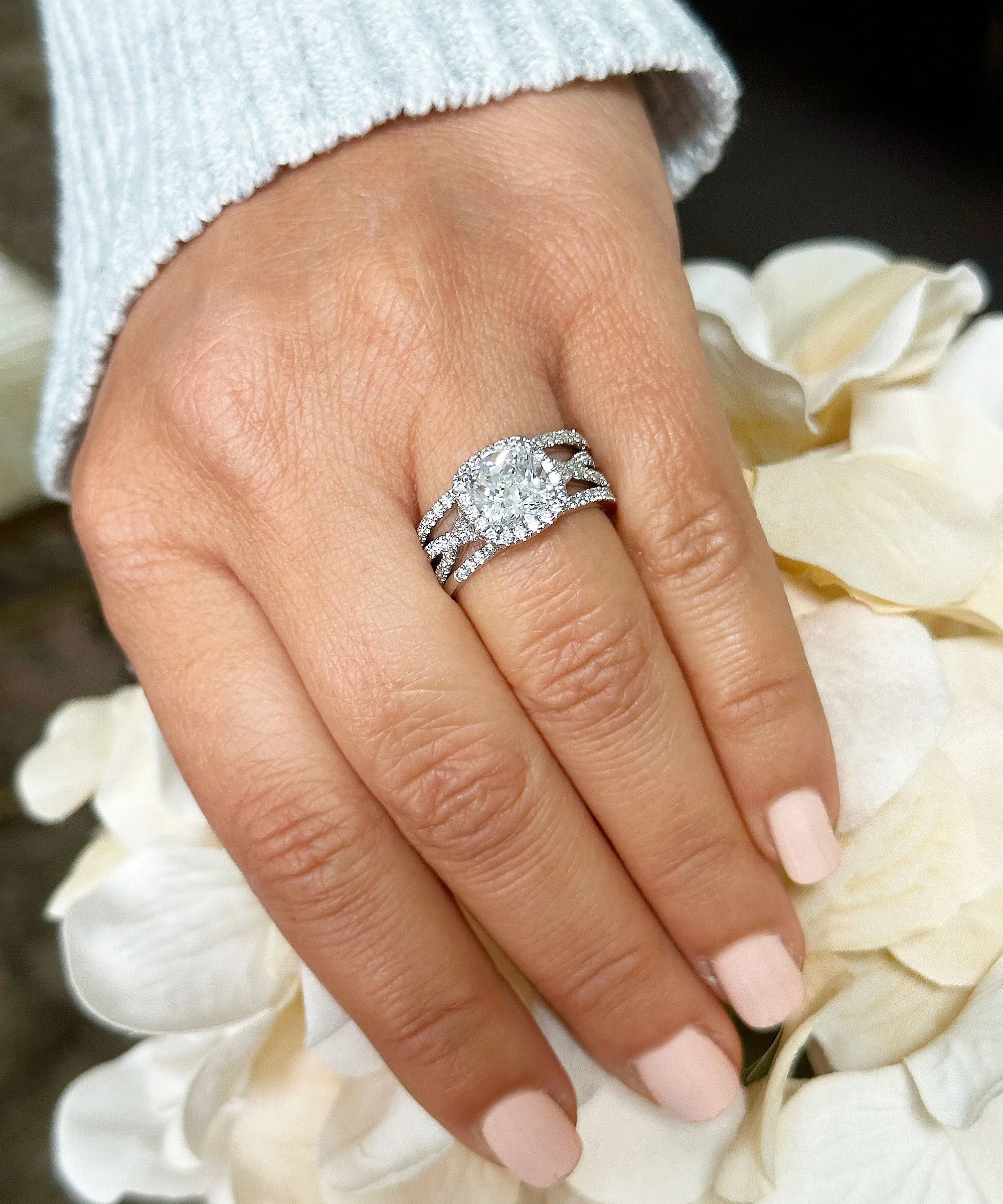 14k Solid White Gold Cushion Cut Moissanite and Natural Diamond Engagement Ring And Band Art Deco Halo Wedding Set 3.40ct