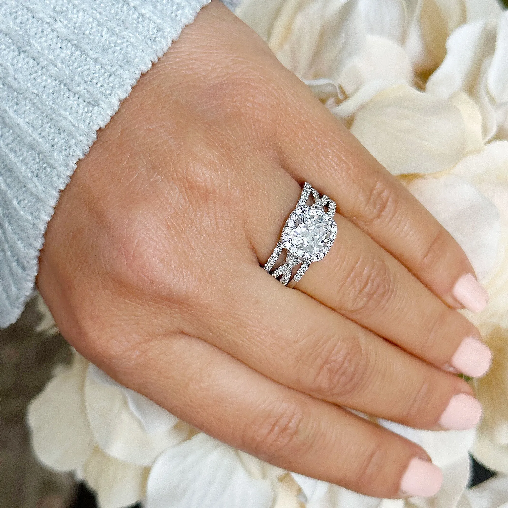 14k Solid White Gold Cushion Cut Moissanite and Natural Diamond Engagement Ring And Band Art Deco Halo Wedding Set 3.40ct