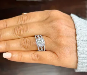 14k Solid White Gold Cushion Cut Moissanite and Natural Diamond Engagement Ring And Band Art Deco Halo Wedding Set 3.40ct