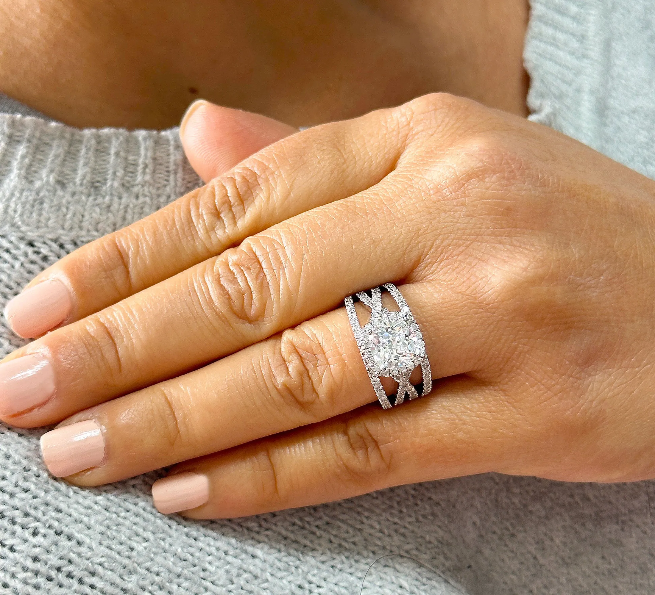14k Solid White Gold Cushion Cut Moissanite and Natural Diamond Engagement Ring And Band Art Deco Halo Wedding Set 3.40ct