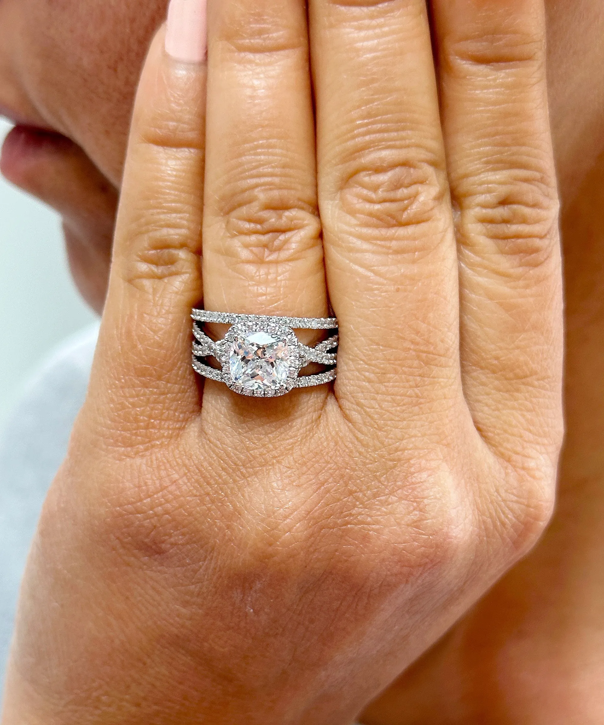 14k Solid White Gold Cushion Cut Moissanite and Natural Diamond Engagement Ring And Band Art Deco Halo Wedding Set 3.40ct