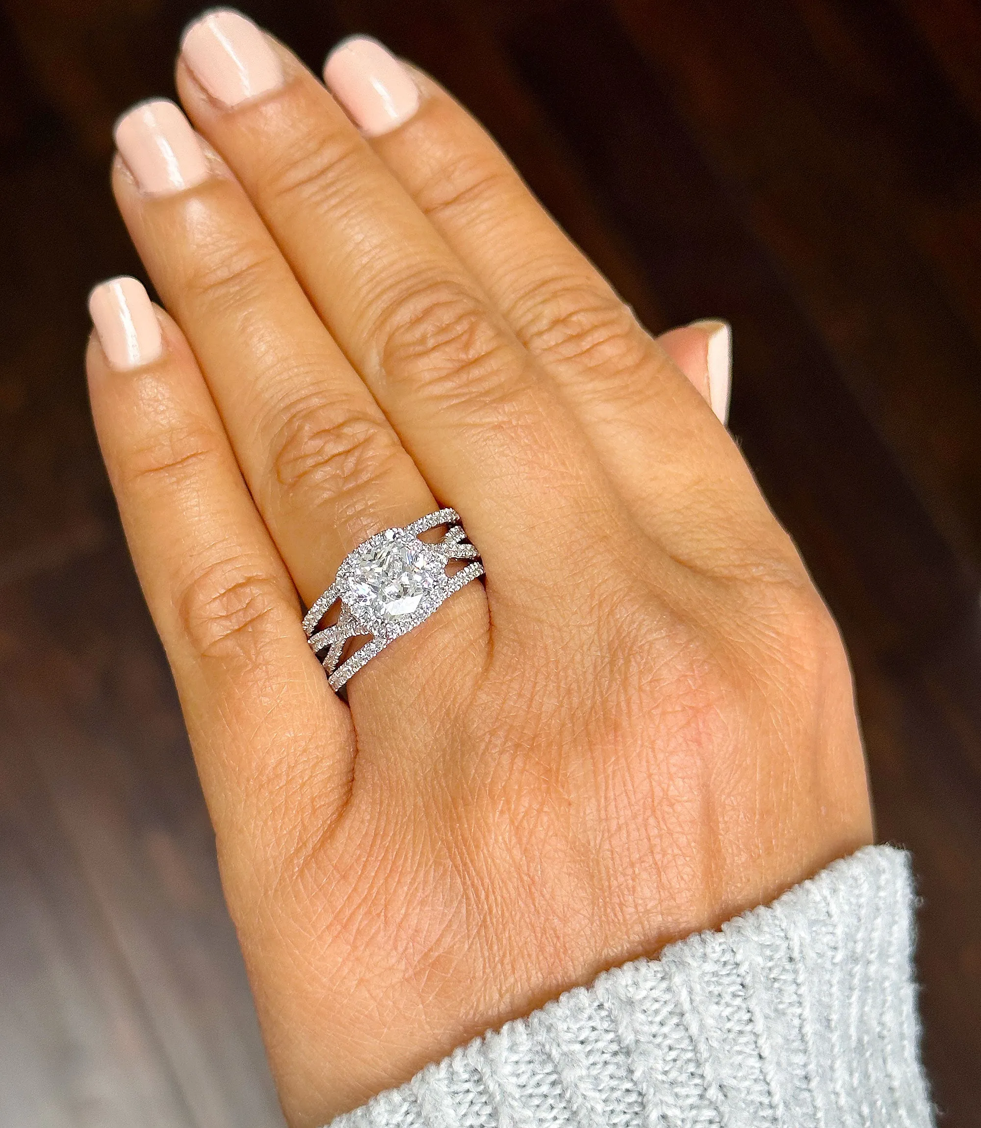 14k Solid White Gold Cushion Cut Moissanite and Natural Diamond Engagement Ring And Band Art Deco Halo Wedding Set 3.40ct