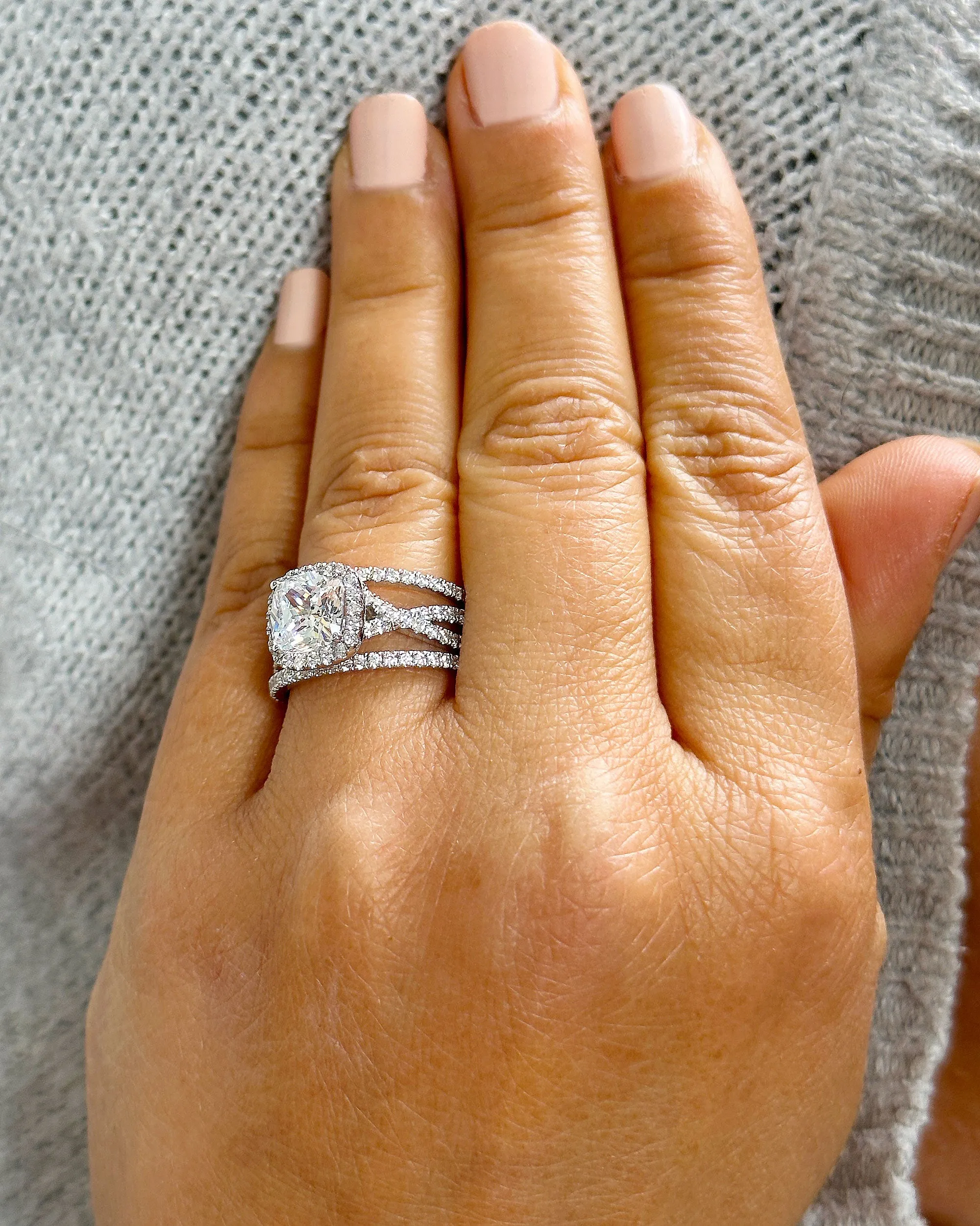 14k Solid White Gold Cushion Cut Moissanite and Natural Diamond Engagement Ring And Band Art Deco Halo Wedding Set 3.40ct
