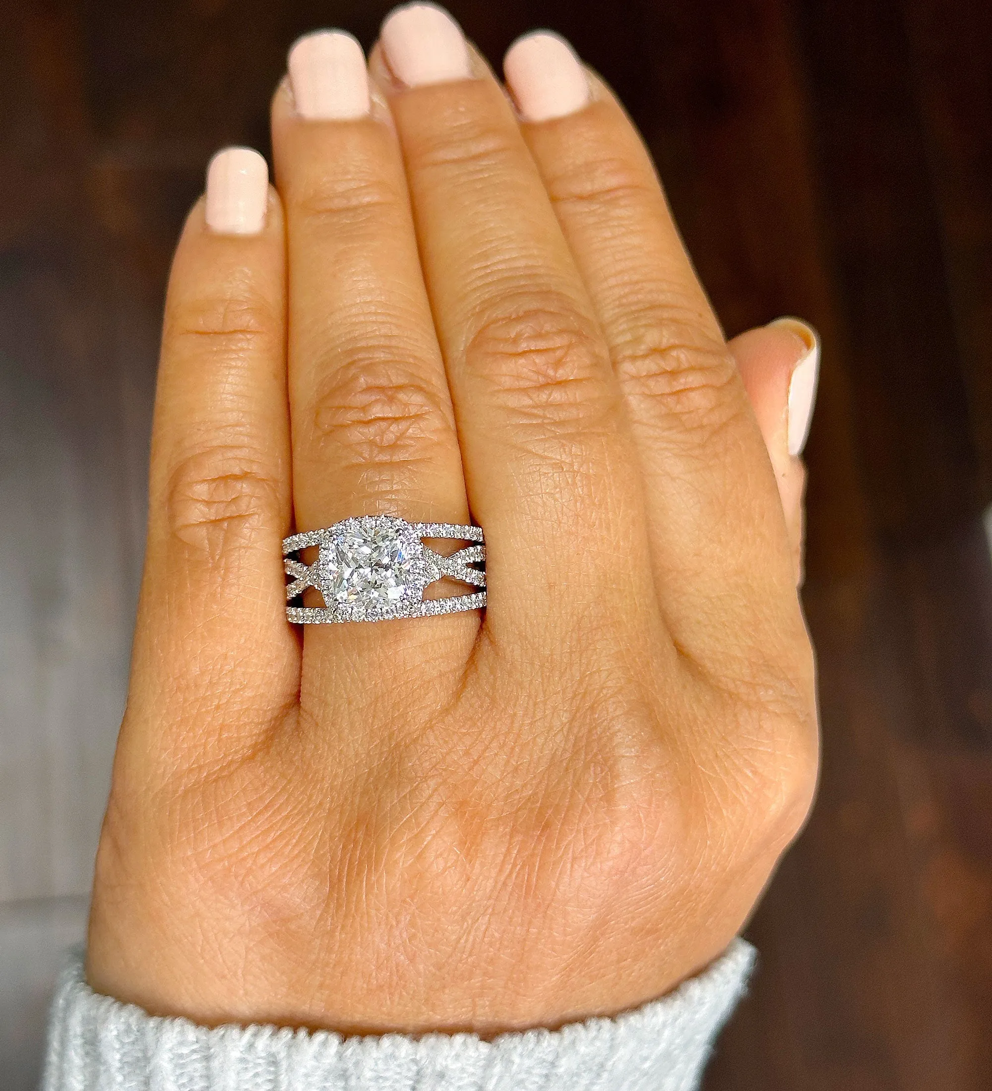 14k Solid White Gold Cushion Cut Moissanite and Natural Diamond Engagement Ring And Band Art Deco Halo Wedding Set 3.40ct