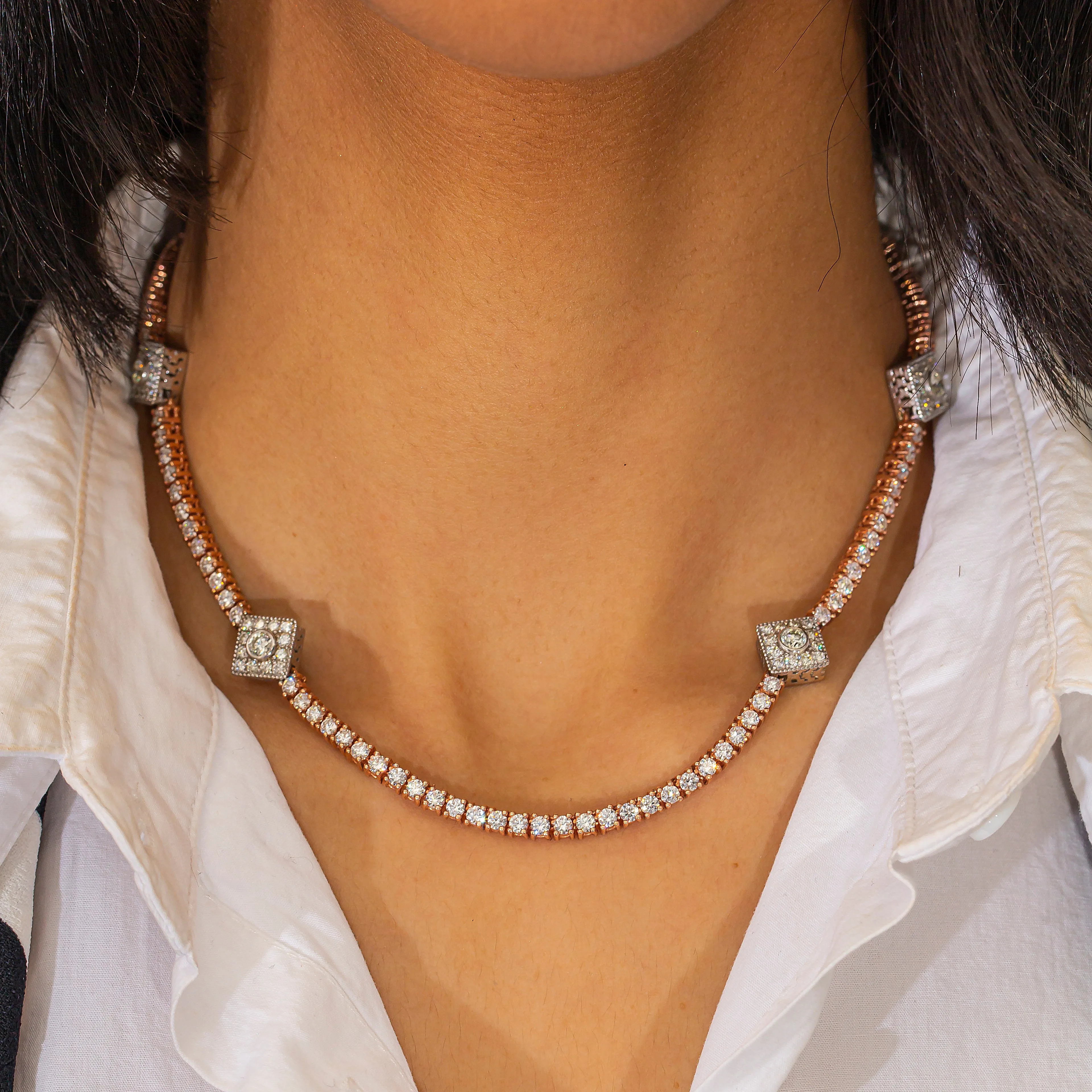 14k Square Tennis Necklace 14.45ctw