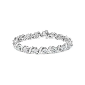 14K White Gold 7 3/8 Cttw Round Brilliant Diamond Floral Cluster and S Link Bracelet (H-I Color, SI2-I1 Clarity) - 7" Inches