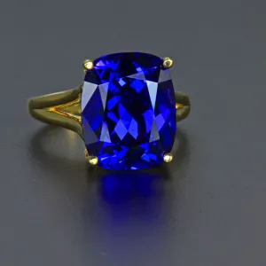 18K Yellow Gold Large Antique Cushion Tanzanite Ring 10.99 Carats