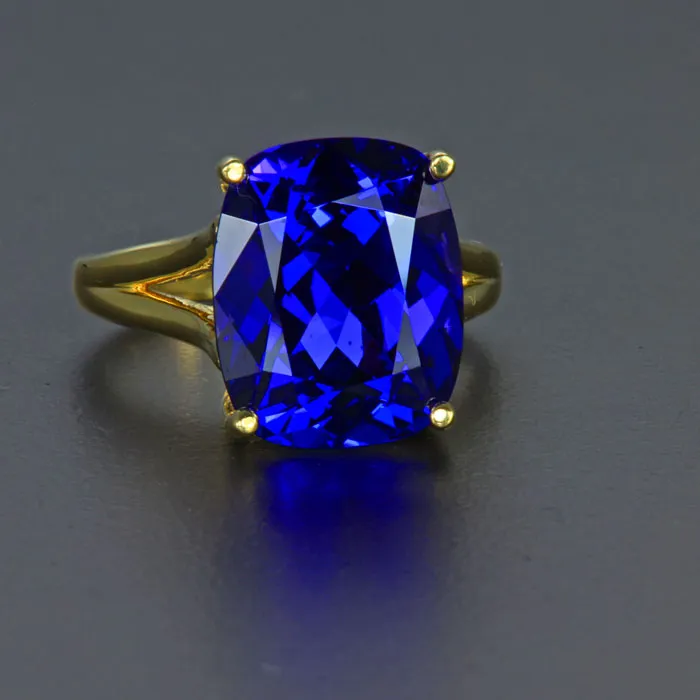 18K Yellow Gold Large Antique Cushion Tanzanite Ring 10.99 Carats
