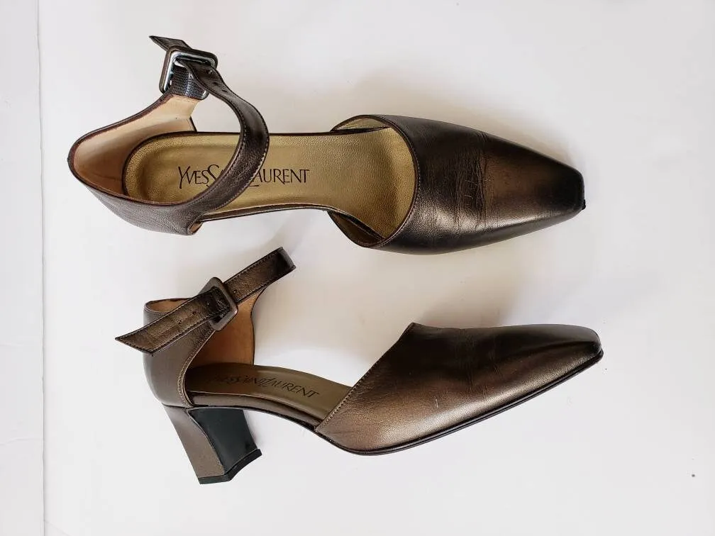 1990s Yves Saint Laurent Metallic Mary Jane Shoes Platinum Bronze / 90s Designer YSL Pointy Toe Ankle Strap Shoes / 6.5