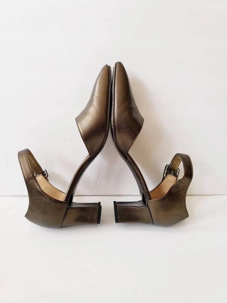1990s Yves Saint Laurent Metallic Mary Jane Shoes Platinum Bronze / 90s Designer YSL Pointy Toe Ankle Strap Shoes / 6.5
