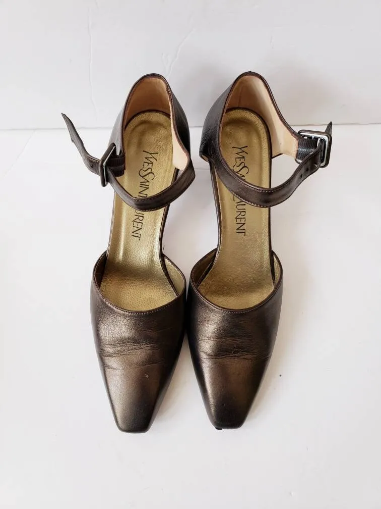 1990s Yves Saint Laurent Metallic Mary Jane Shoes Platinum Bronze / 90s Designer YSL Pointy Toe Ankle Strap Shoes / 6.5