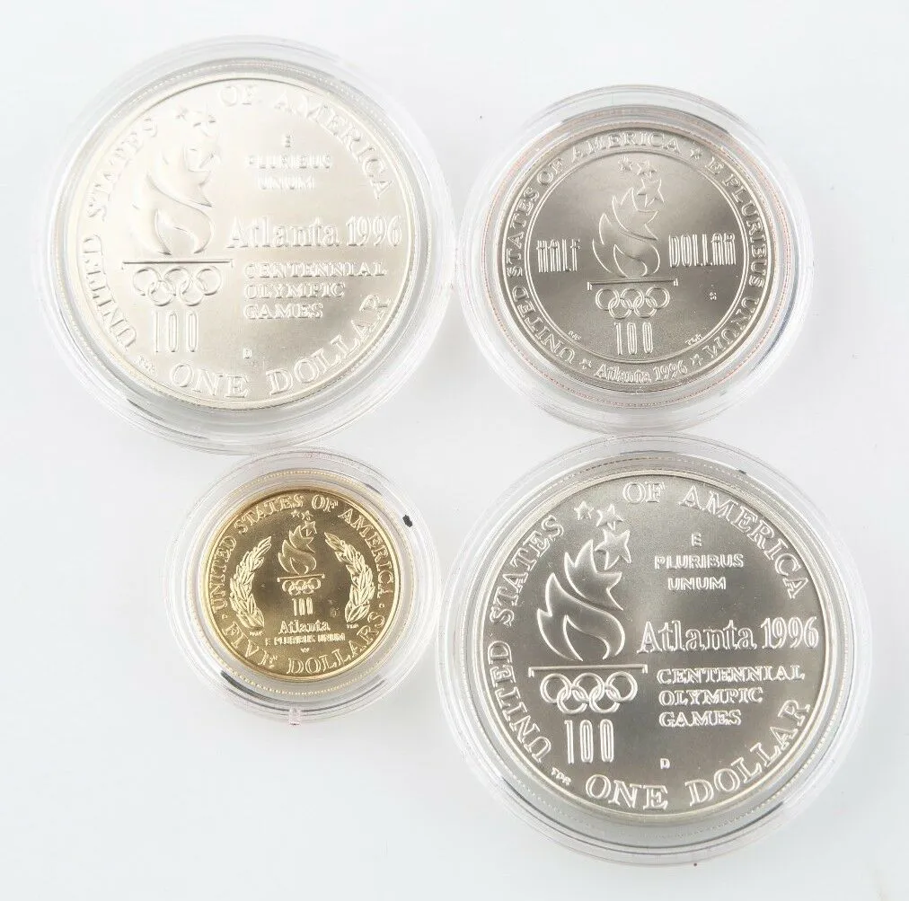 1996 US Mint 4 Coin UNC Set Atlanta Olympic Games Gold & Silver w/ Cauldron