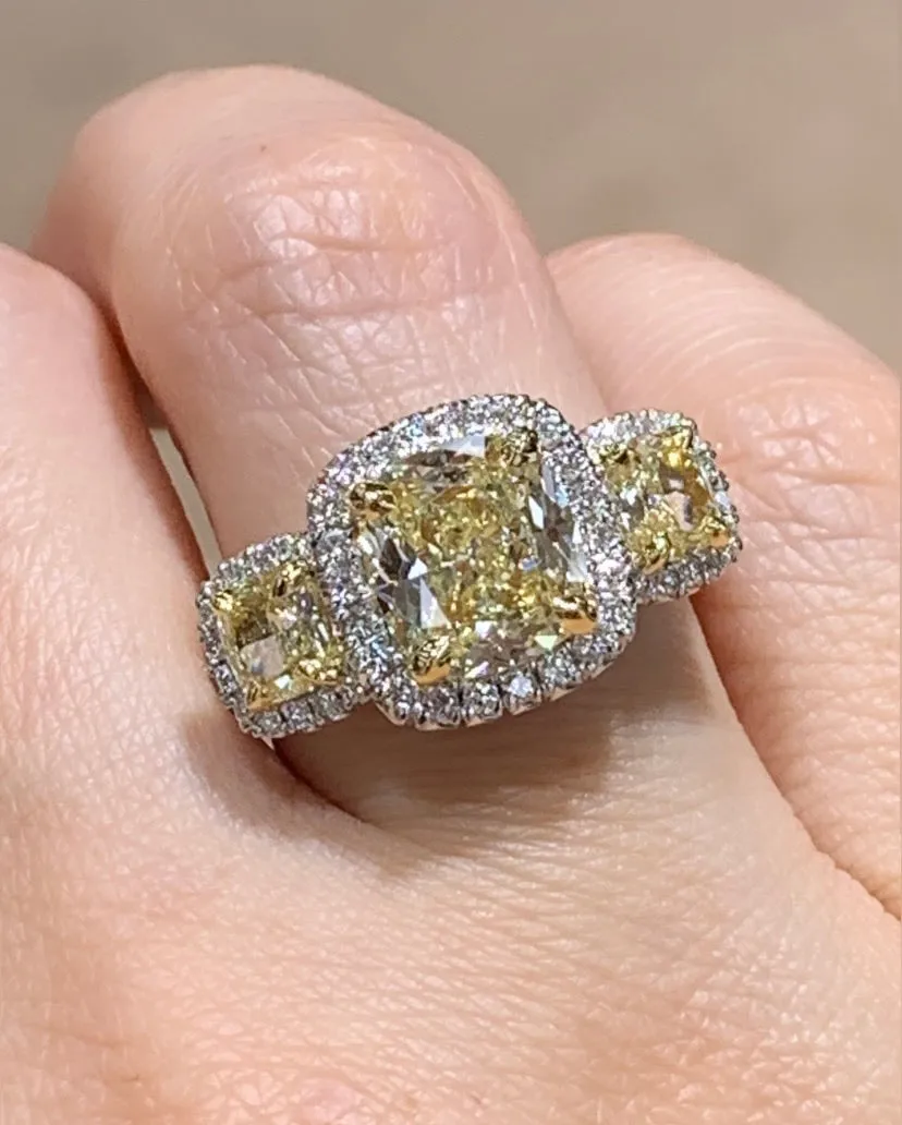 3.85CT T.W. Henri Daussi Light Fancy Yellow Cushion Cut Engagement Ring