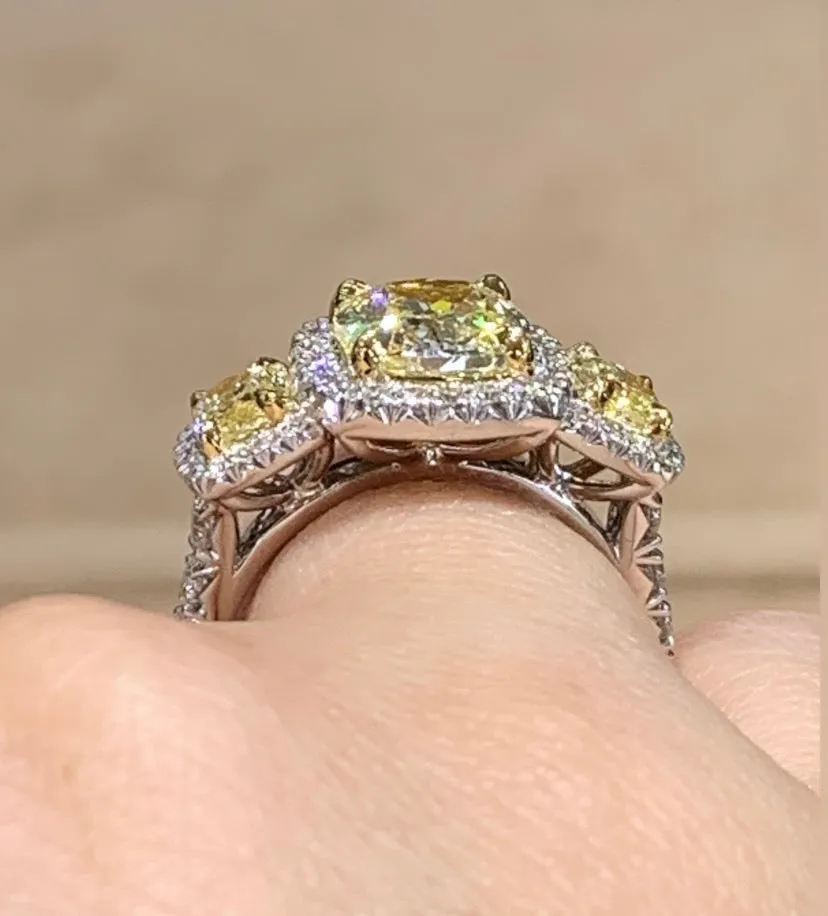 3.85CT T.W. Henri Daussi Light Fancy Yellow Cushion Cut Engagement Ring