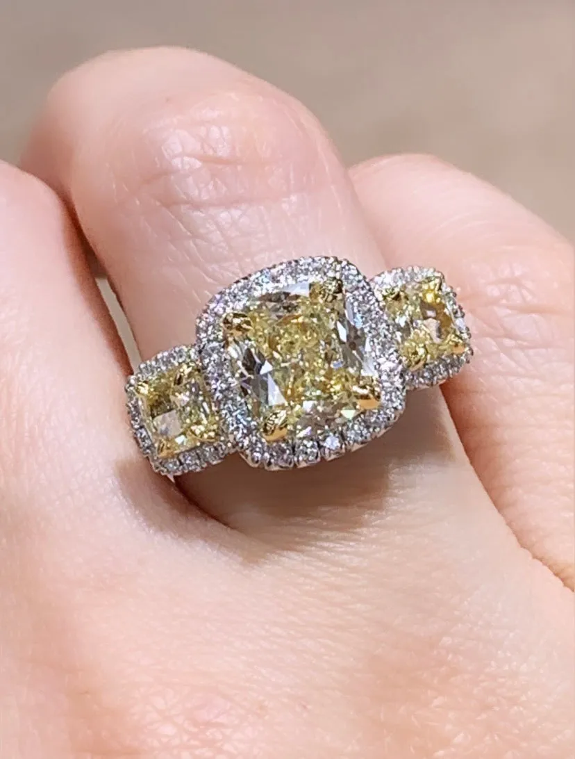 3.85CT T.W. Henri Daussi Light Fancy Yellow Cushion Cut Engagement Ring