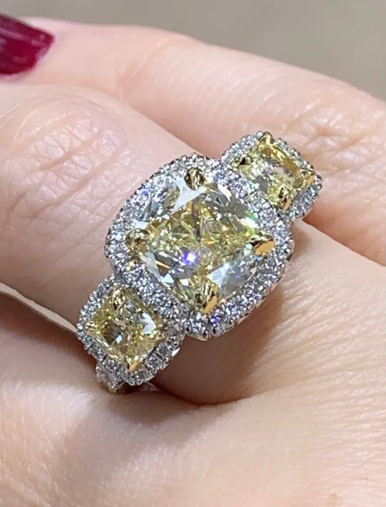 3.85CT T.W. Henri Daussi Light Fancy Yellow Cushion Cut Engagement Ring