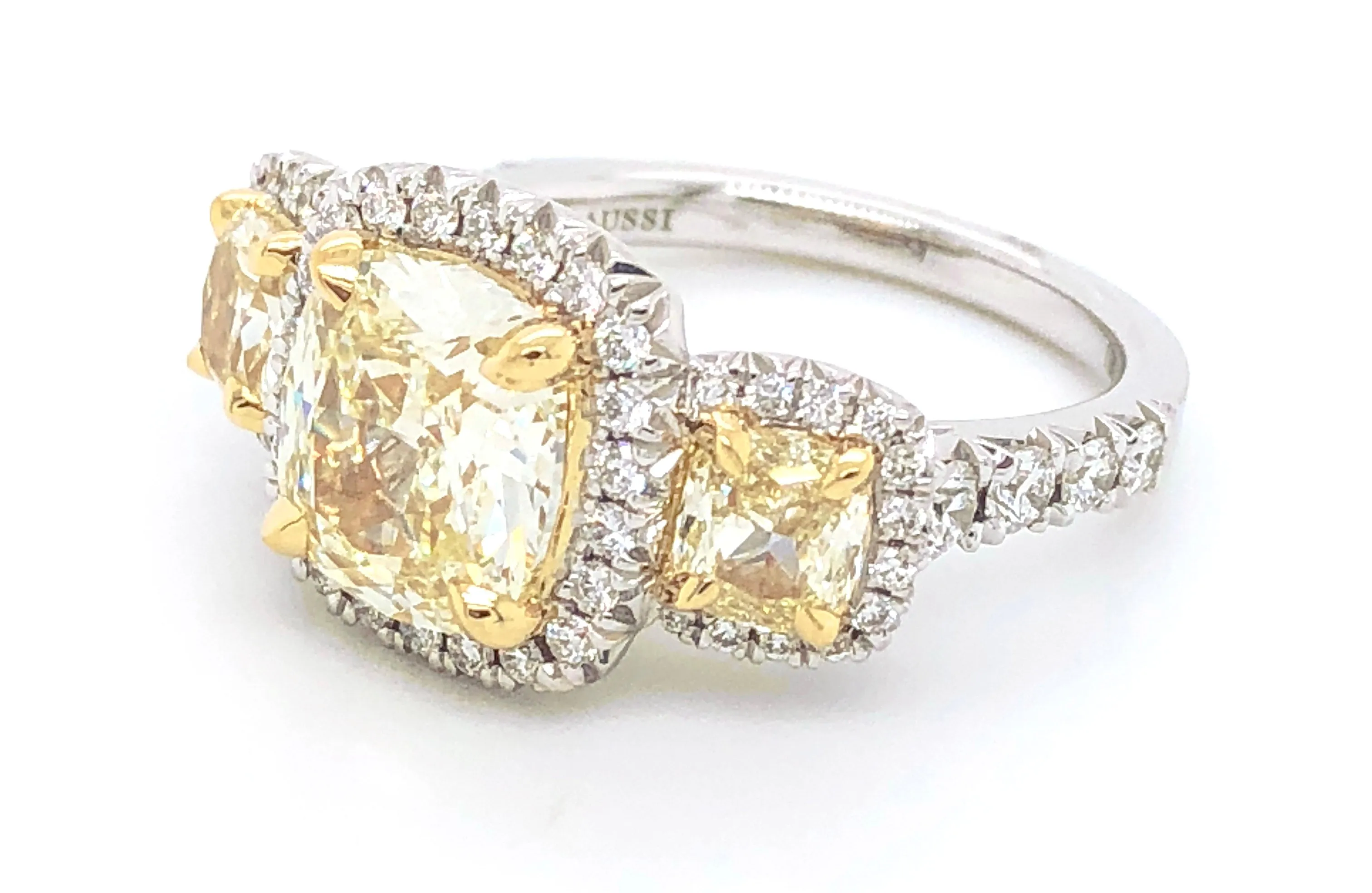 3.85CT T.W. Henri Daussi Light Fancy Yellow Cushion Cut Engagement Ring