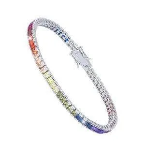4 Prong Square Rainbow Crystal Tennis Chain Bracelet