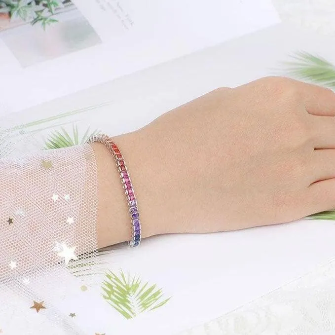 4 Prong Square Rainbow Crystal Tennis Chain Bracelet