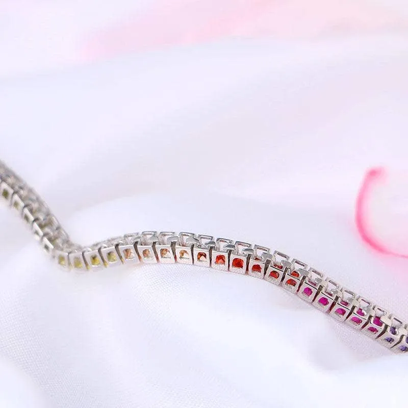 4 Prong Square Rainbow Crystal Tennis Chain Bracelet