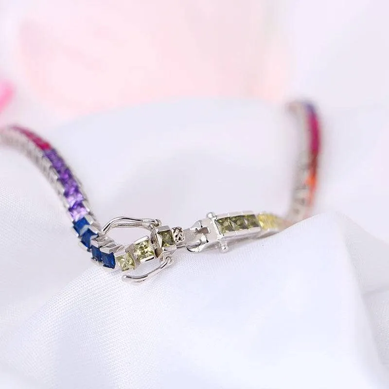 4 Prong Square Rainbow Crystal Tennis Chain Bracelet