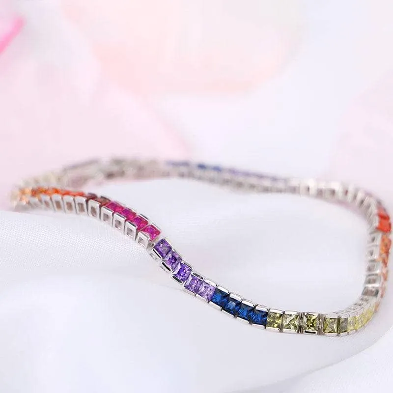 4 Prong Square Rainbow Crystal Tennis Chain Bracelet