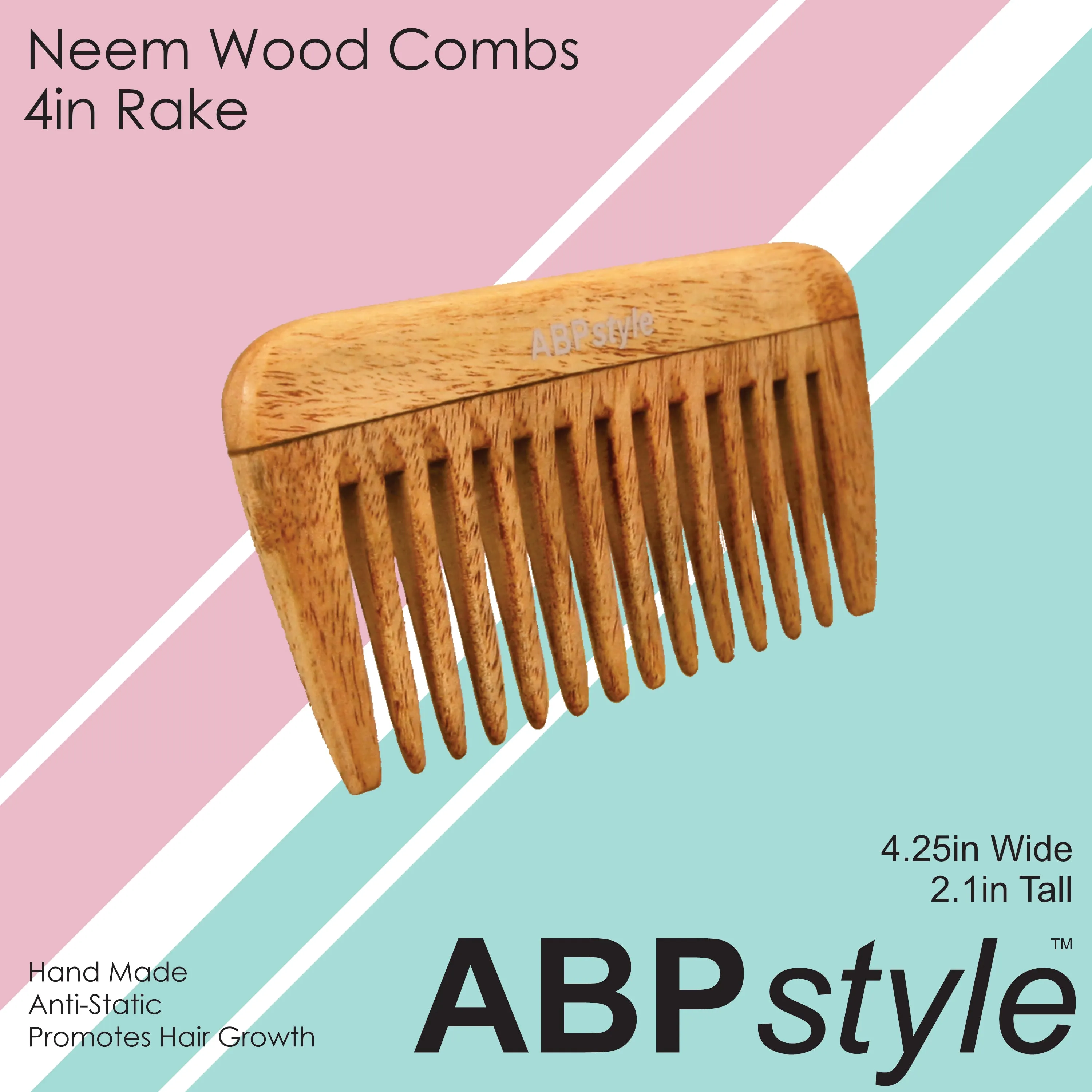 ABPStyle, 4in Neem Wood Tall Rake Comb. Anti-Static, Damage Free, Promotes Hair Growth, Environmentally Friendly
