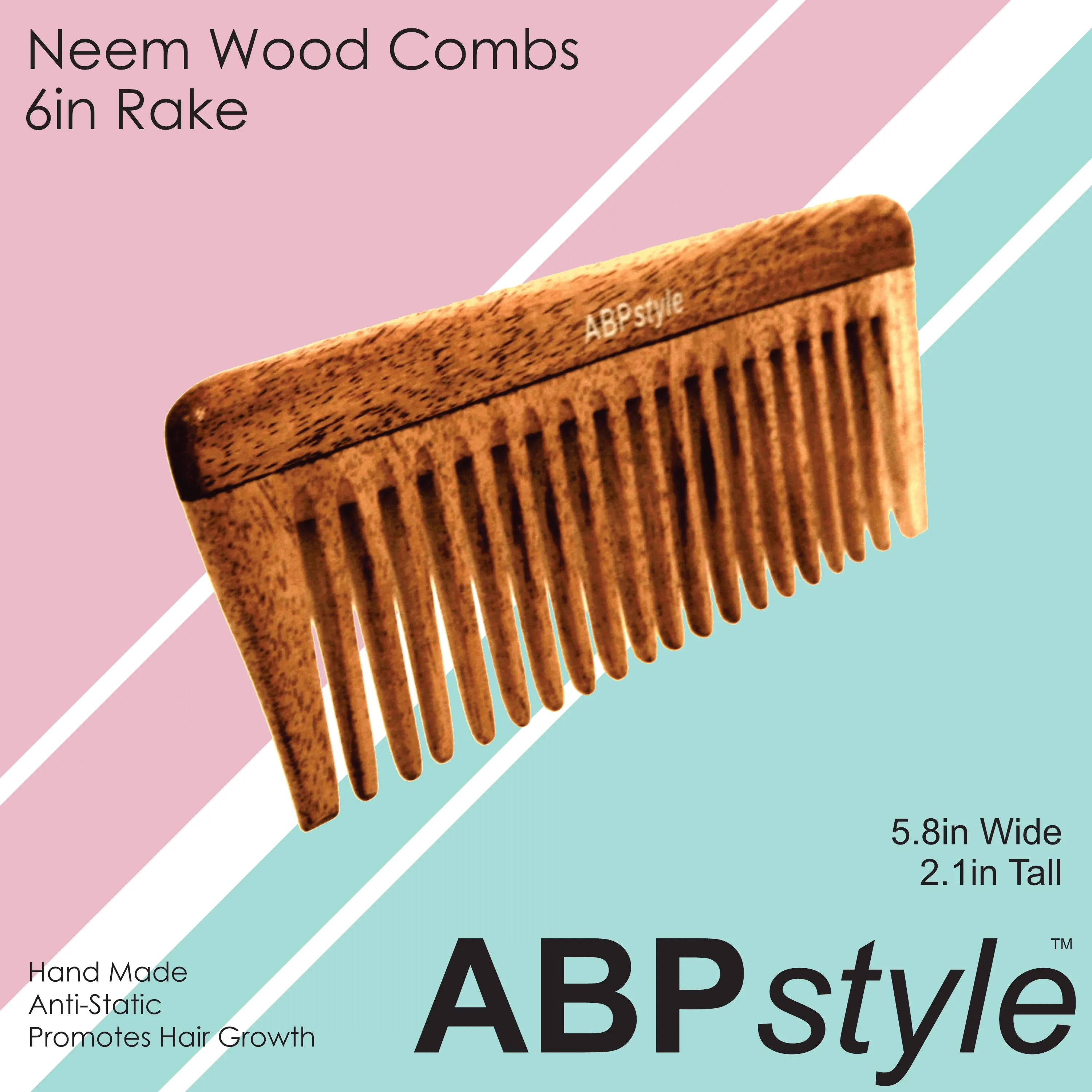 ABPStyle, 6in Neem Wood Tall Rake Comb. Anti-Static, Damage Free, Promotes Hair Growth, Environmentally Friendly