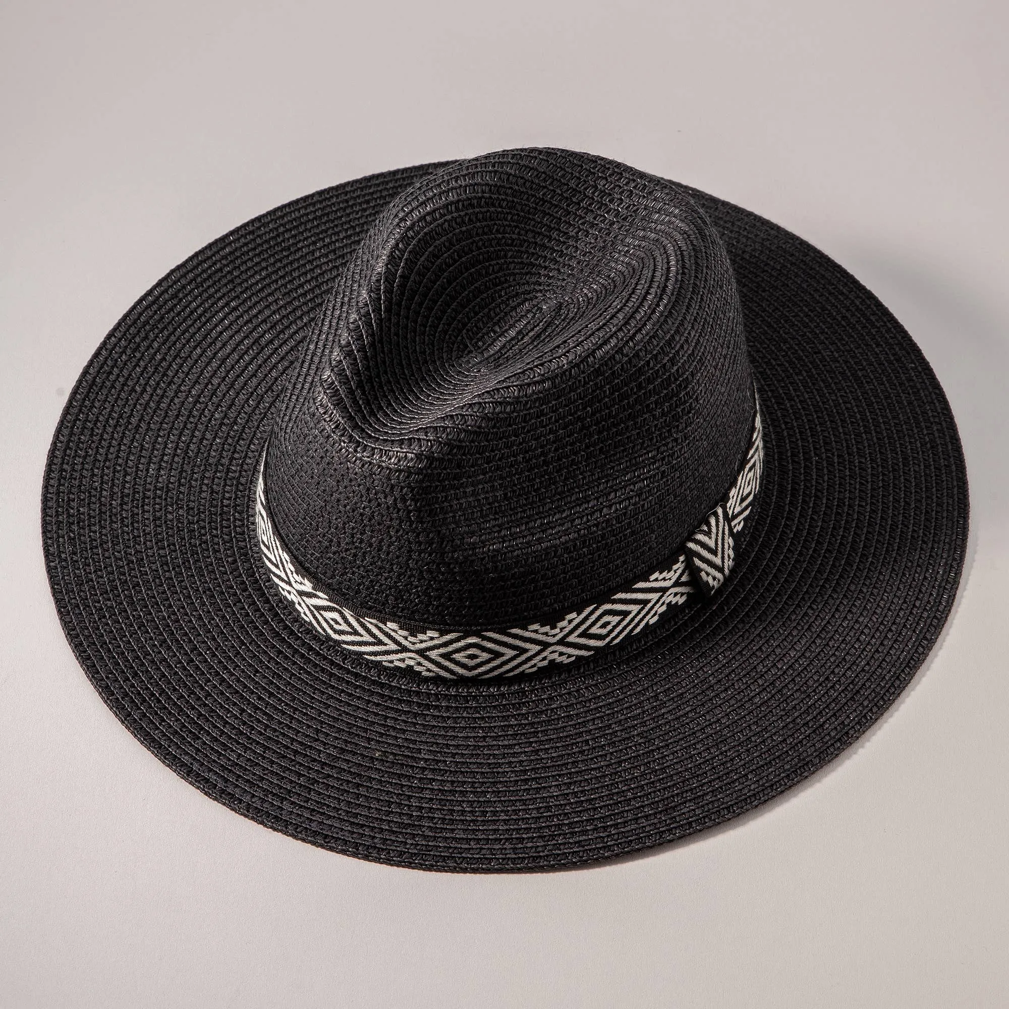 Aztec Strap Straw Fedora Hat-Black