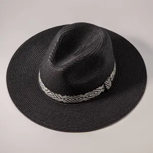 Aztec Strap Straw Fedora Hat-Black