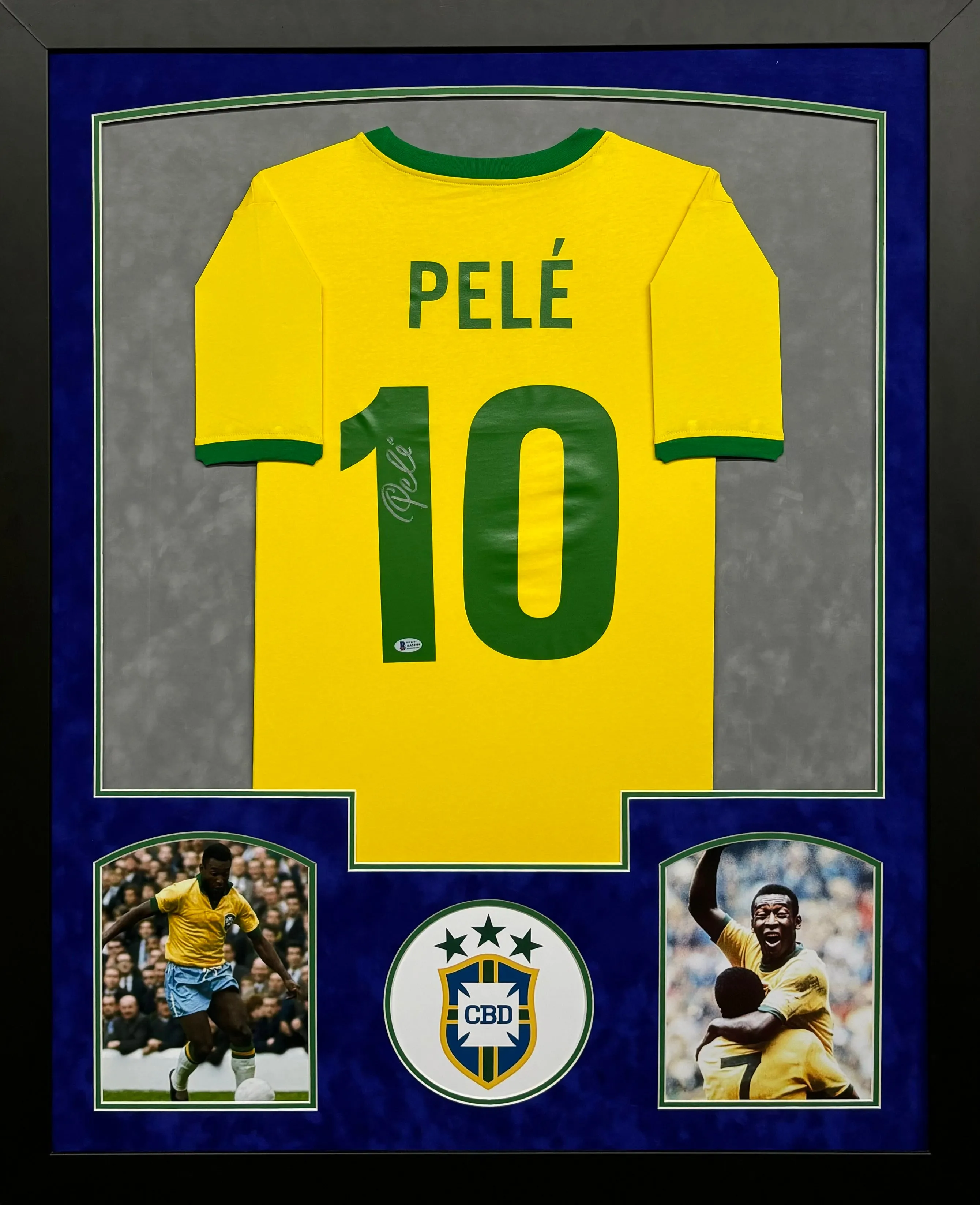 Brazil CBD Soccer Club Pele Hand Signed Autographed Custom Yellow Jersey Framed & Double Suede Matted with Beckett COA