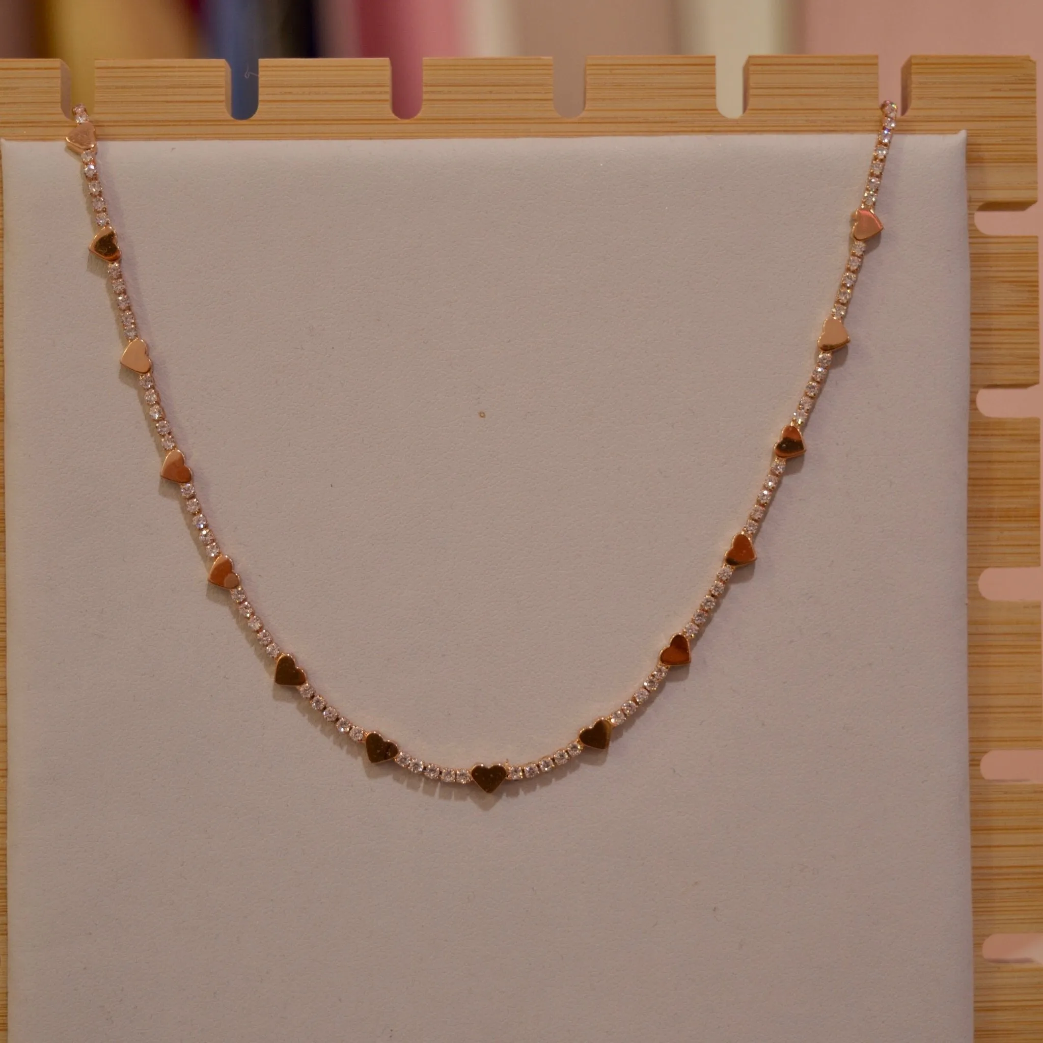 Collana oro tennis con strass e cuoricini
