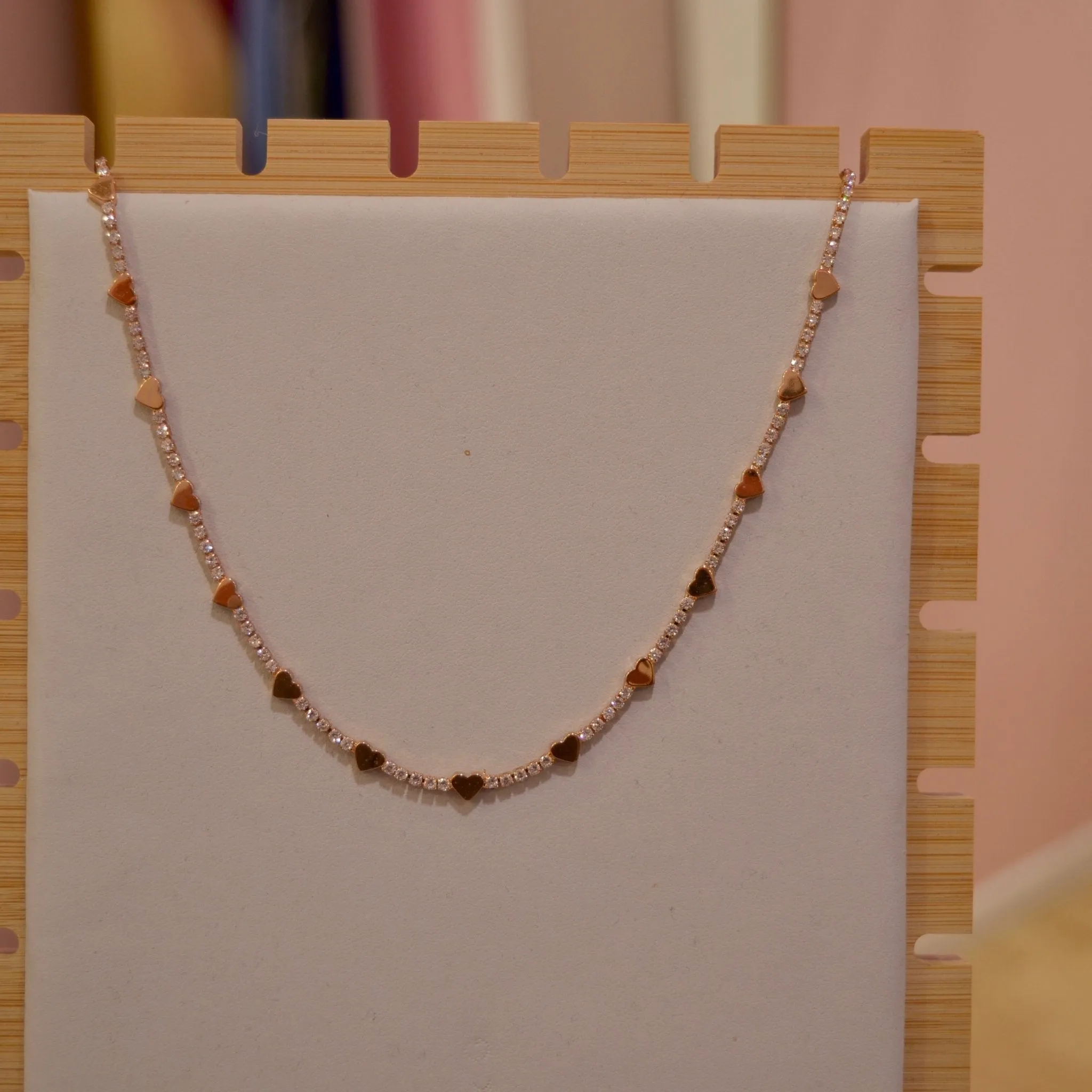 Collana oro tennis con strass e cuoricini