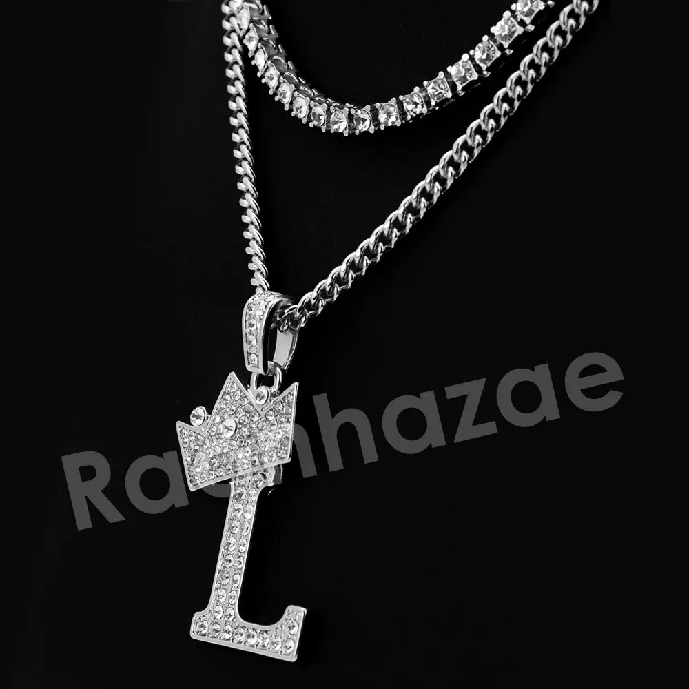 Crown L Initial Pendant Necklace Set.