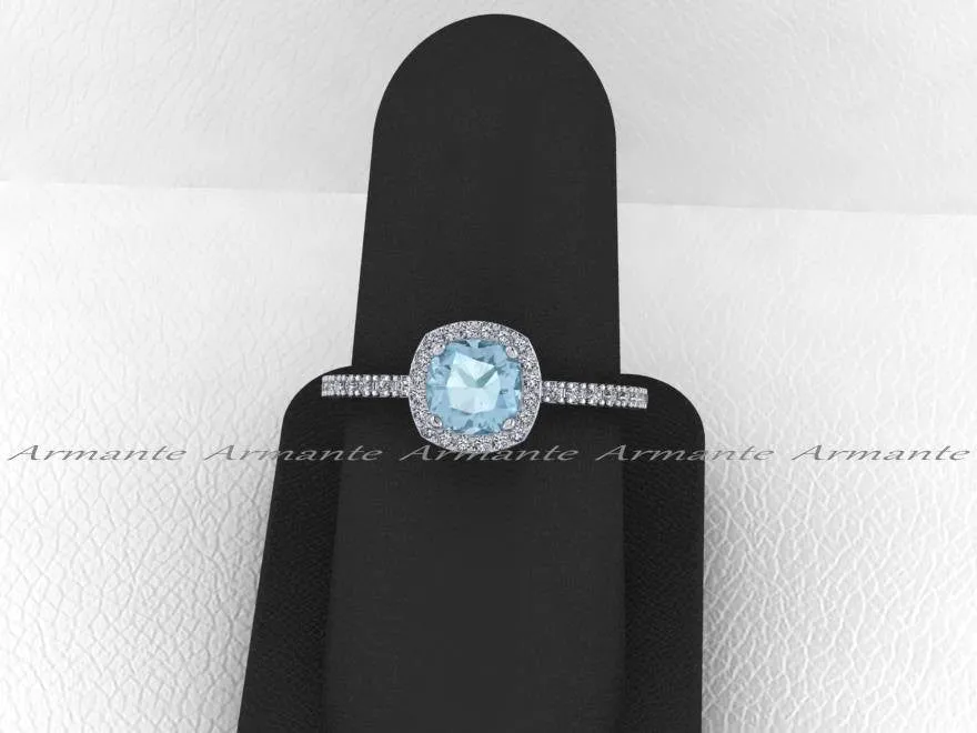Cushion Cut Halo Diamond Aquamarine Engagement Ring