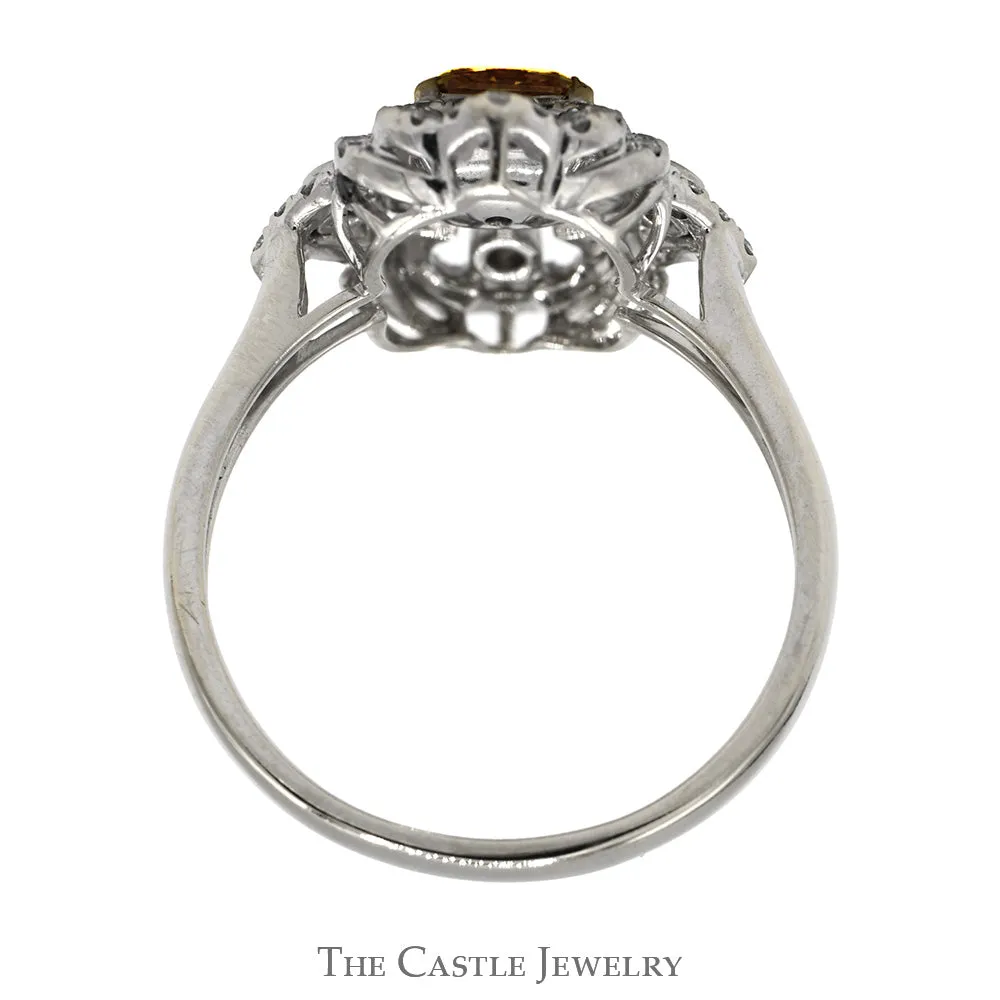 Cushion Cut Yellow Diamond Shield Ring with Diamond Accents and Split Shank Setting in 18k White Gold