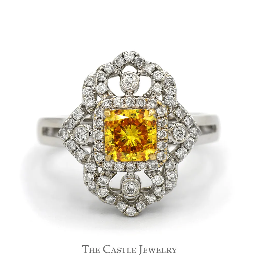Cushion Cut Yellow Diamond Shield Ring with Diamond Accents and Split Shank Setting in 18k White Gold