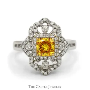 Cushion Cut Yellow Diamond Shield Ring with Diamond Accents and Split Shank Setting in 18k White Gold