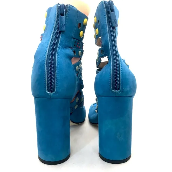 DONALD J. PLINER BLUE NUBUCK LEATHER PERFORATED &amp; BEADED STRAPPY HEELS (6)