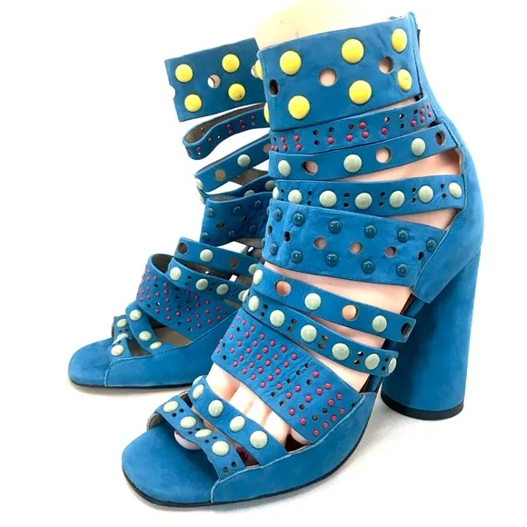 DONALD J. PLINER BLUE NUBUCK LEATHER PERFORATED &amp; BEADED STRAPPY HEELS (6)