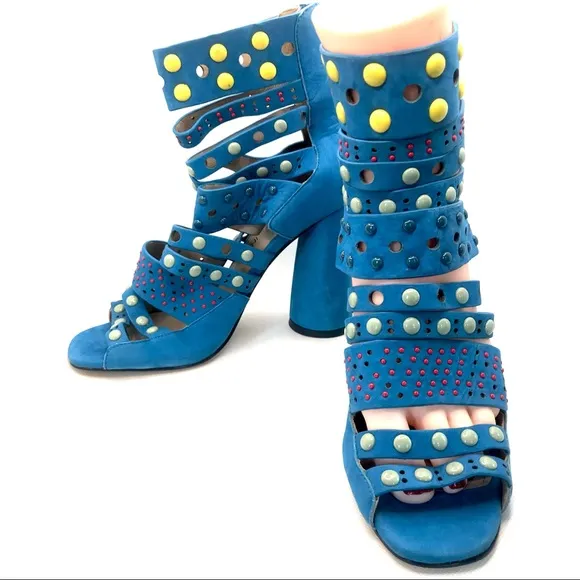 DONALD J. PLINER BLUE NUBUCK LEATHER PERFORATED &amp; BEADED STRAPPY HEELS (6)