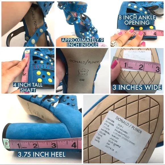 DONALD J. PLINER BLUE NUBUCK LEATHER PERFORATED &amp; BEADED STRAPPY HEELS (6)