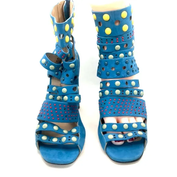DONALD J. PLINER BLUE NUBUCK LEATHER PERFORATED &amp; BEADED STRAPPY HEELS (6)