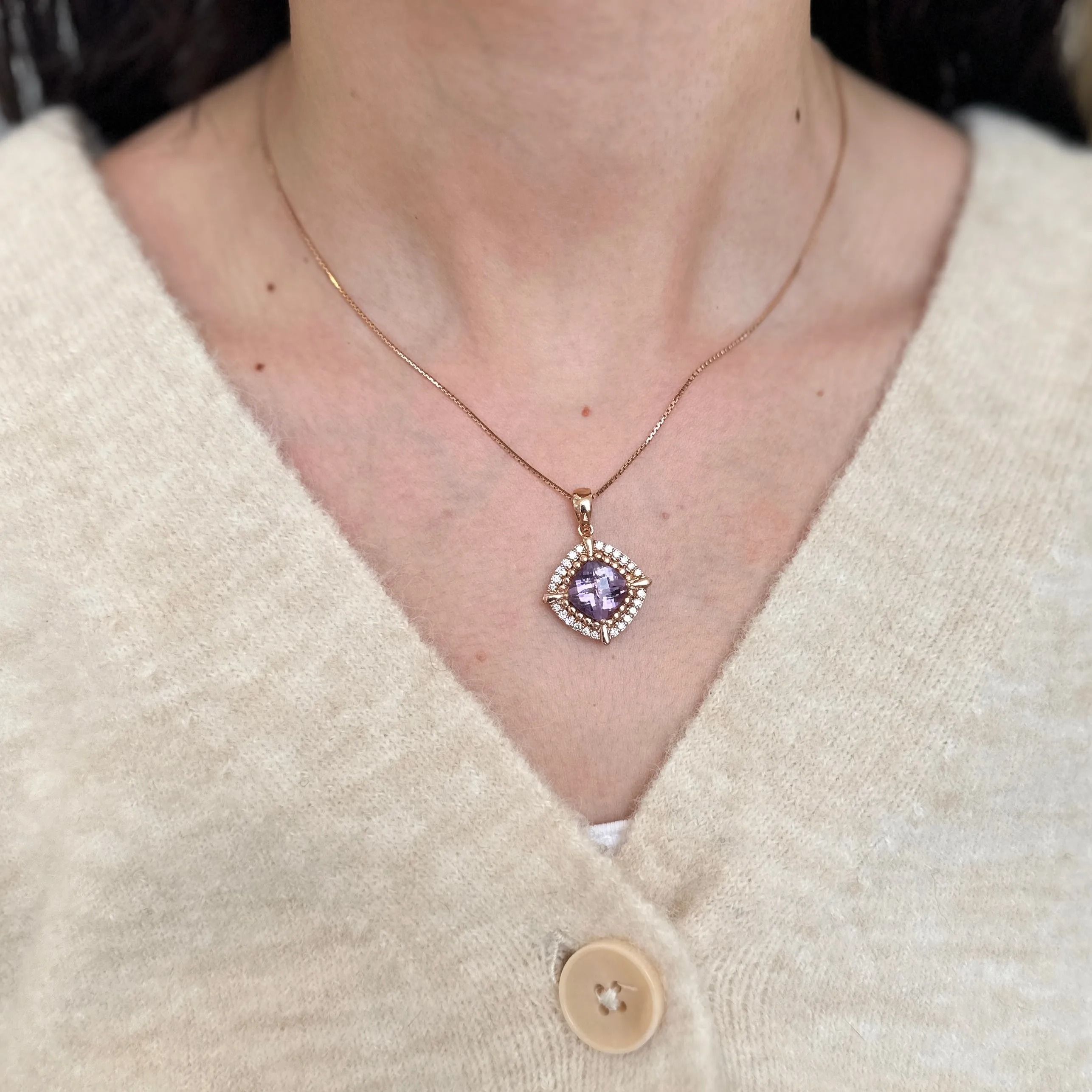 Estate Levian 14KT Rose Gold Diamond   Amethyst Pendant